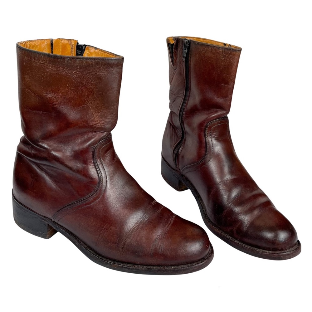Frye Brown Red Leather Calf Boots Round Square Toe Western